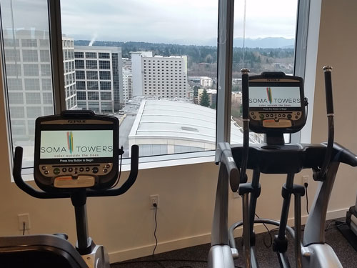 Gym equipment with city view.